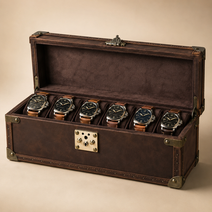 Malle à montres en cuir marron ouverte avec 6 montres, vue de face