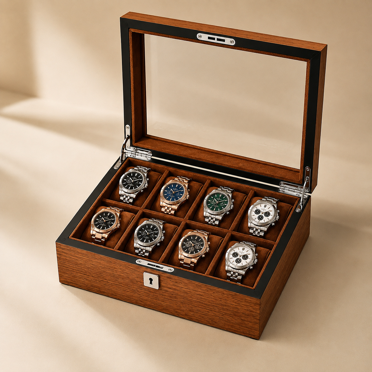 Boîte à montres en bois marron ouverte avec 8 montres – vue 3