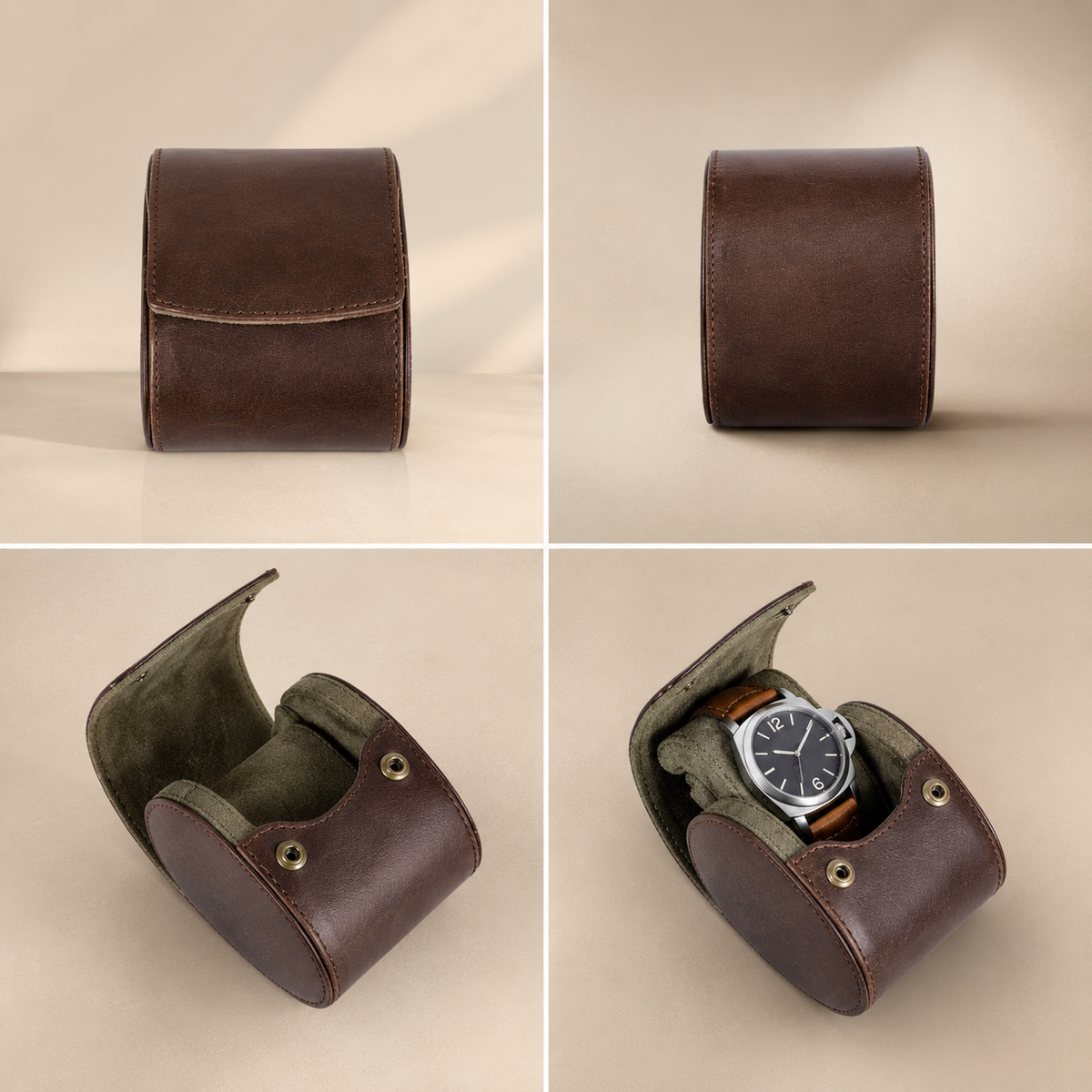 Étui à montre en cuir marron : fermé face, profil, ouvert vide et avec montre