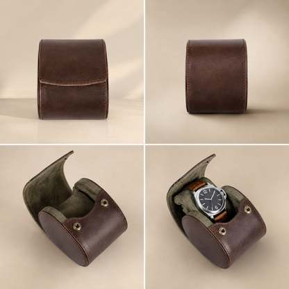 Étui à montre en cuir marron : fermé face, profil, ouvert vide et avec montre
