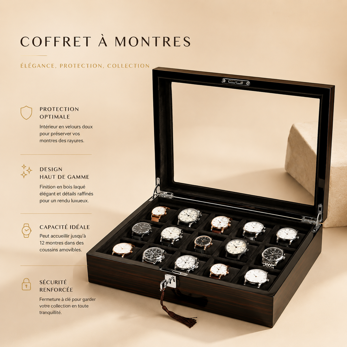 Boîte à montres en bois ouverte avec 12 montres, visuel marketing