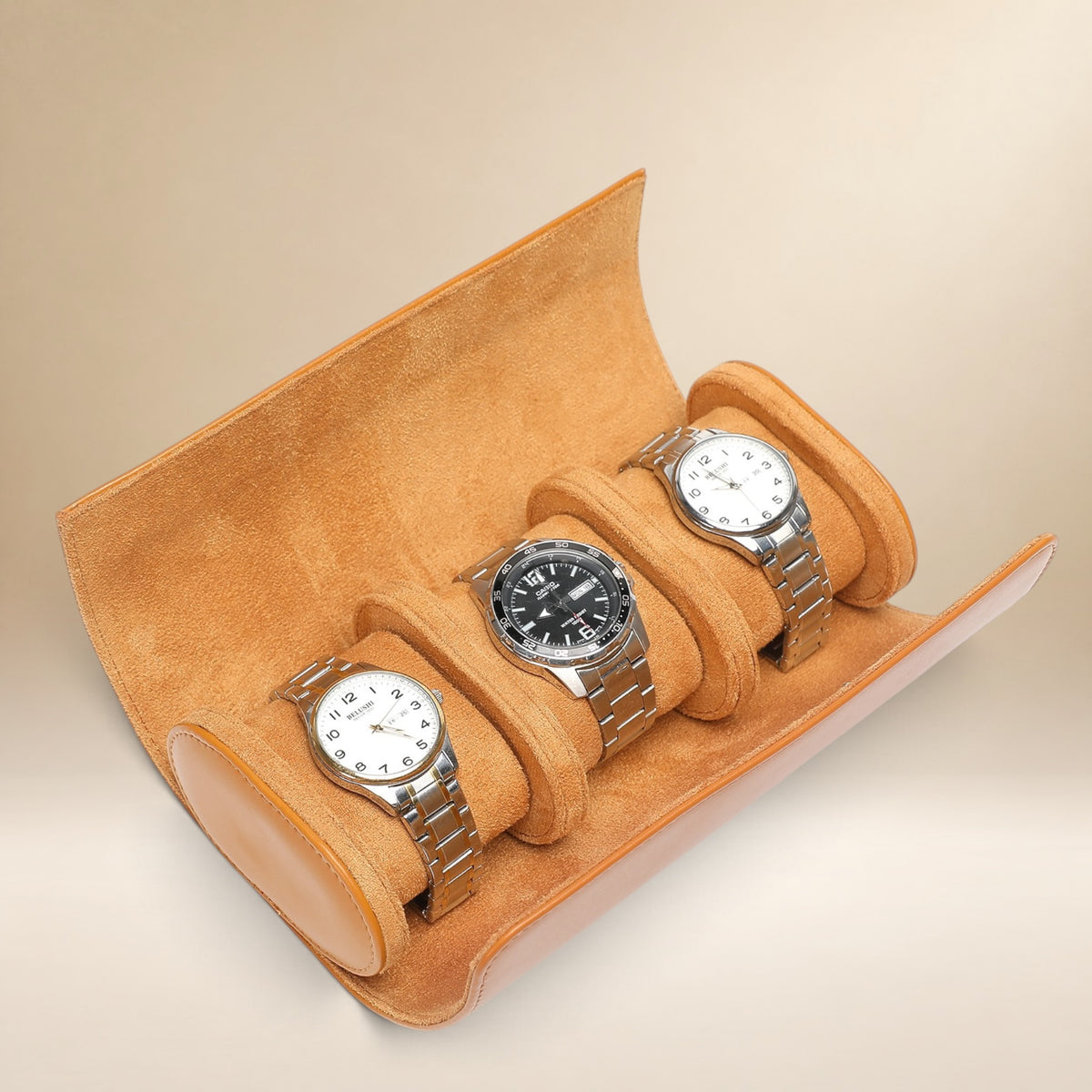Lot de 3 Étuis à Montre en Cuir Caramel PU – 1, 2 et 3 Montres