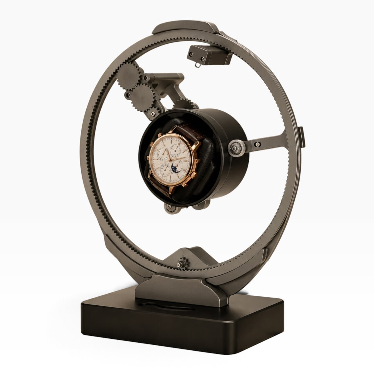 Remontoir automatique gyroscopique gris design planète, socle noir, 1 montre