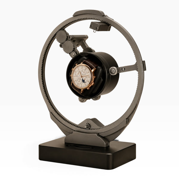 Remontoir automatique gyroscopique gris design planète, socle noir, 1 montre