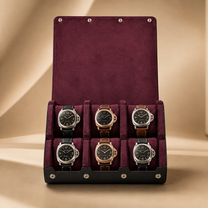 Étui à montres de voyage en cuir végan noir, intérieur bordeaux, vue de face ouverte avec 6 montres
