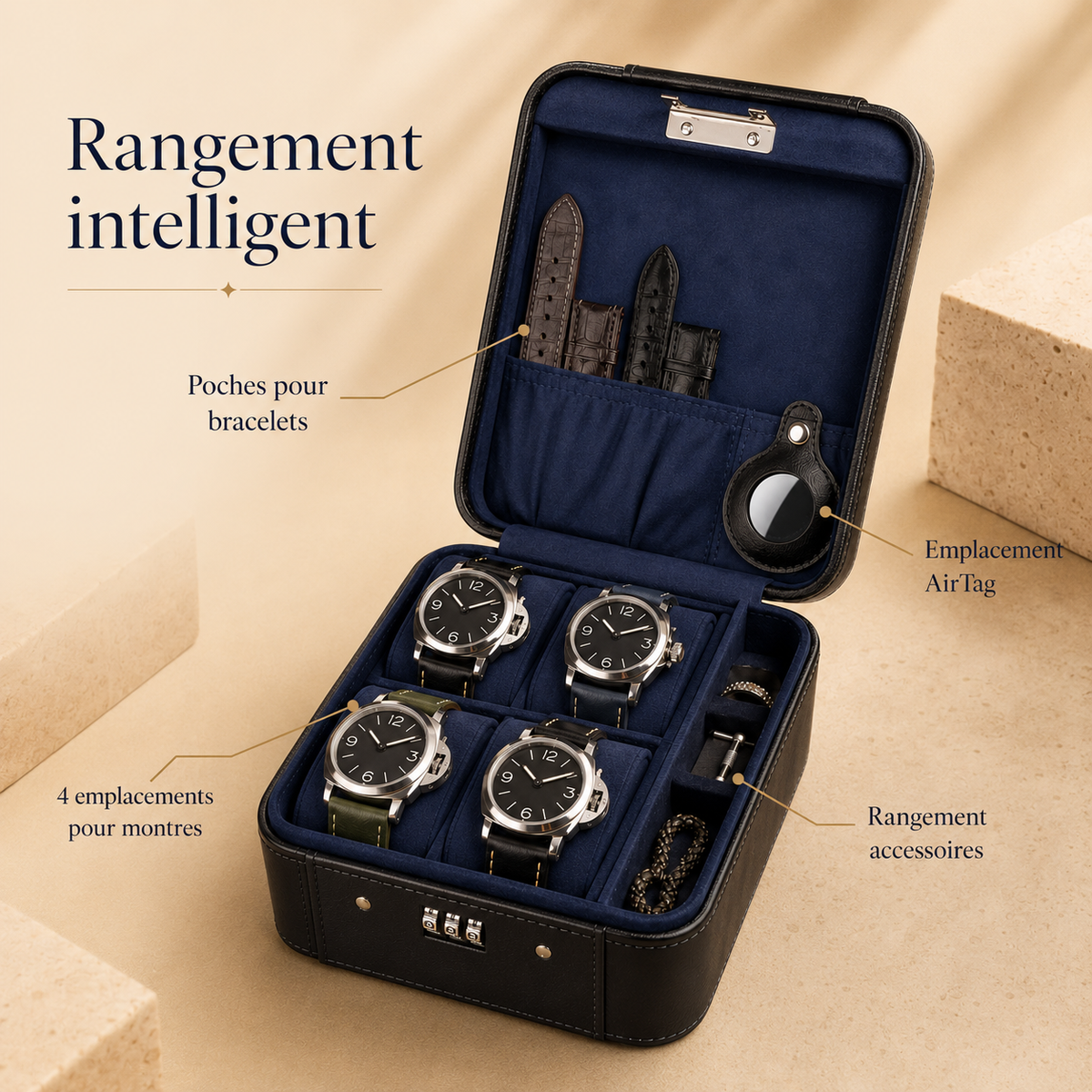Infographie de la boîte à montres en cuir noir : poches pour bracelets, emplacement AirTag, 4 emplacements montres, rangement accessoires