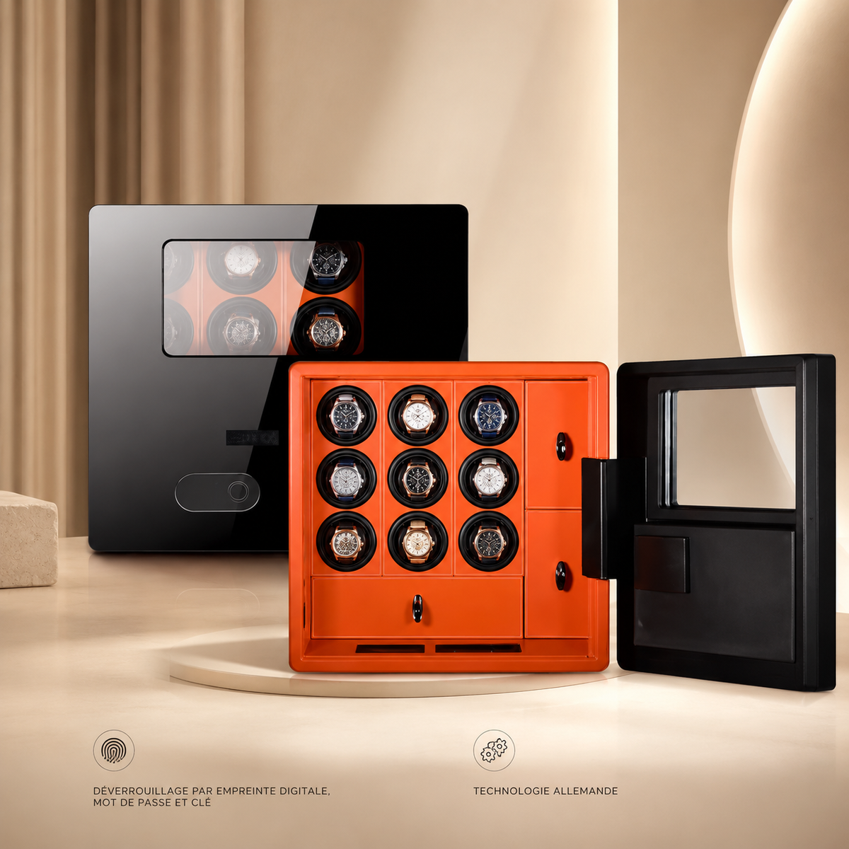 Coffre-fort remontoir automatique orange avec 9 montres et coffre noir avec 6 montres, déverrouillage par empreinte digitale, mot de passe et clé