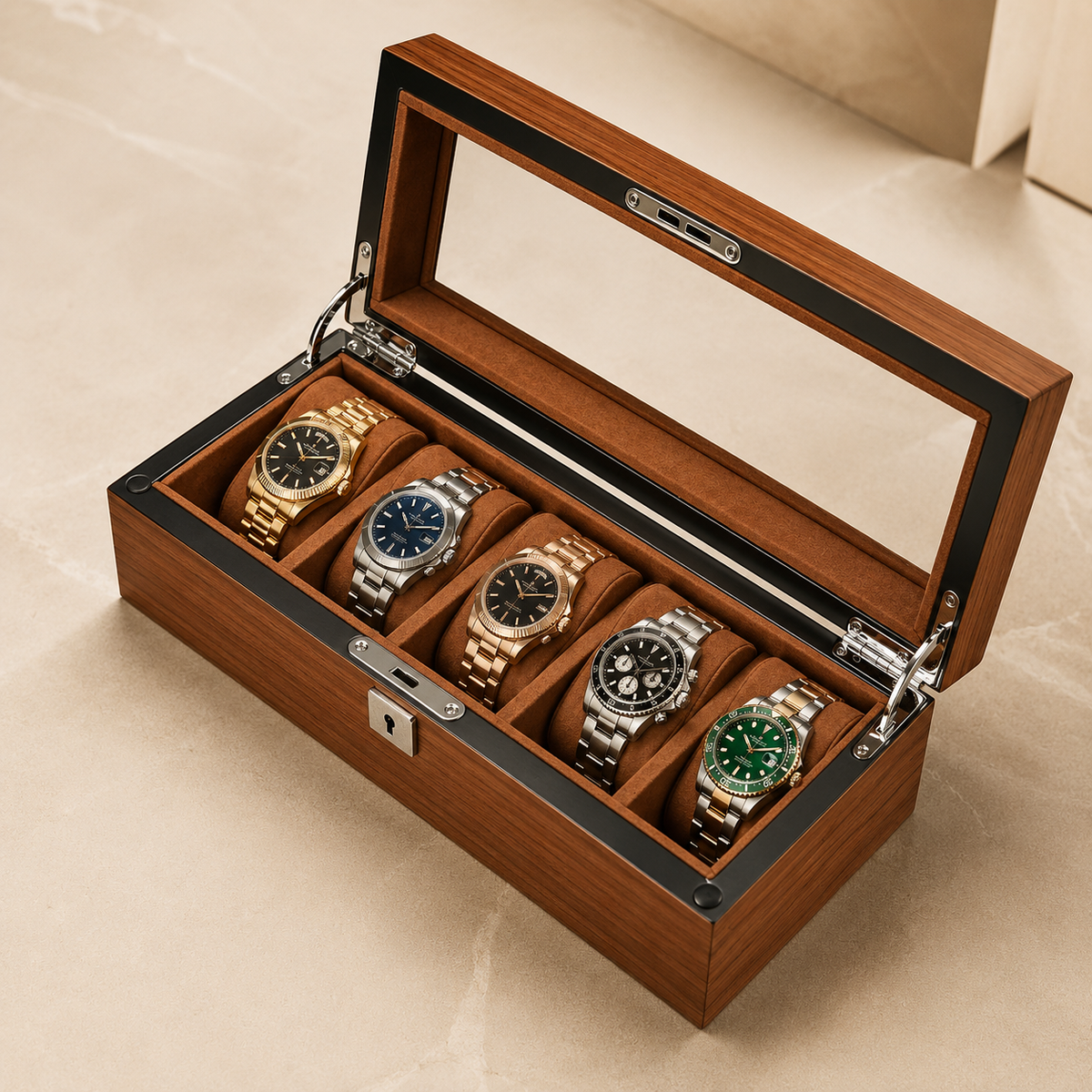 Boîte à montres en bois noyer ouverte avec 5 montres – vue 2