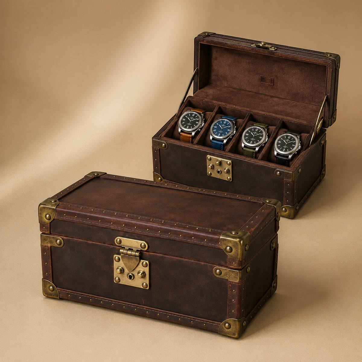 Malle à montres en cuir marron ouverte avec 4 montres, à côté d'une malle fermée