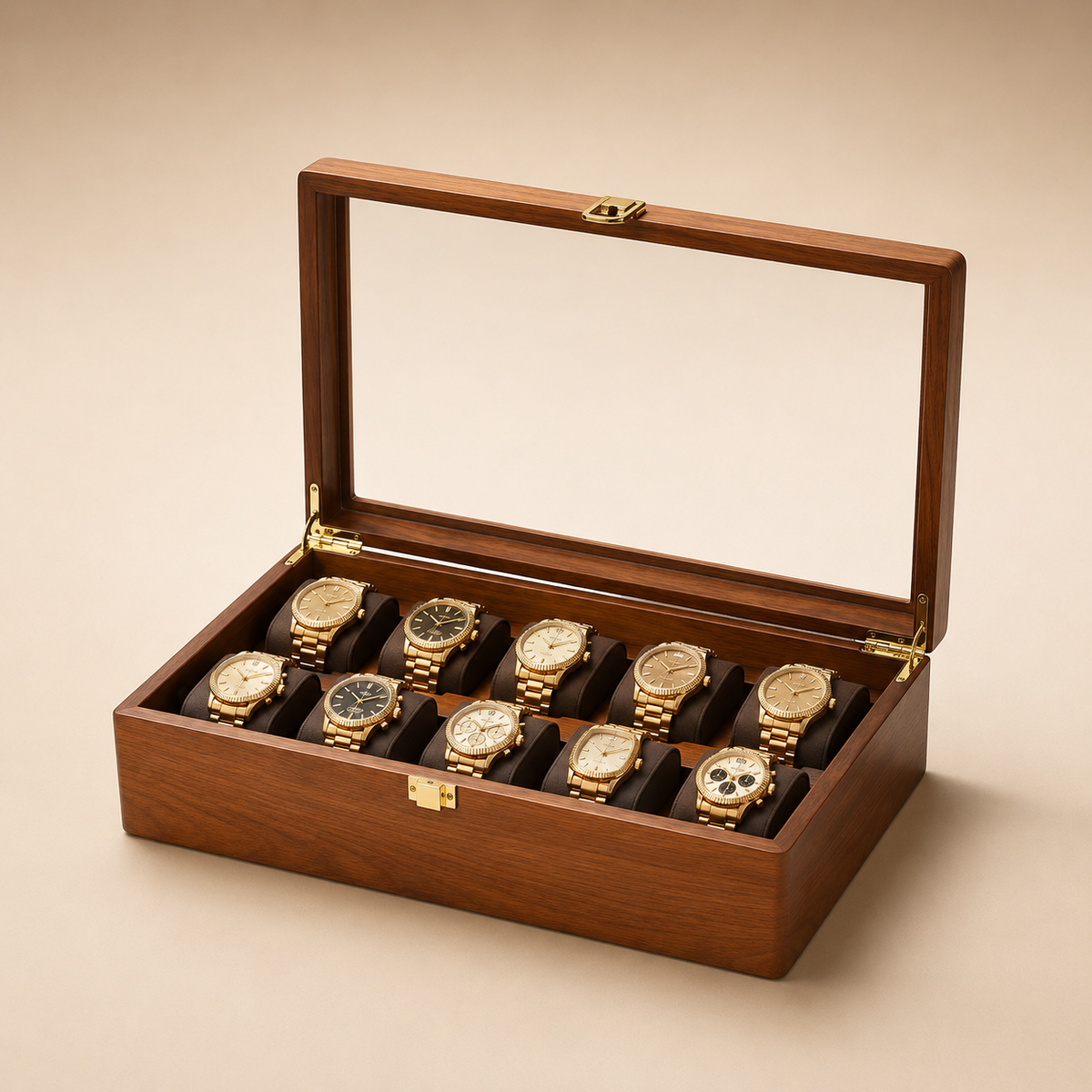 Boîte à montres en bois massif foncé, ouverte avec 10 montres dorées, intérieur noir