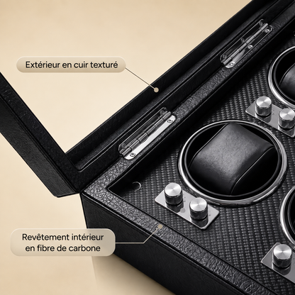 Détail du remontoir pour montres automatiques : extérieur en cuir texturé noir et compartiments intérieurs