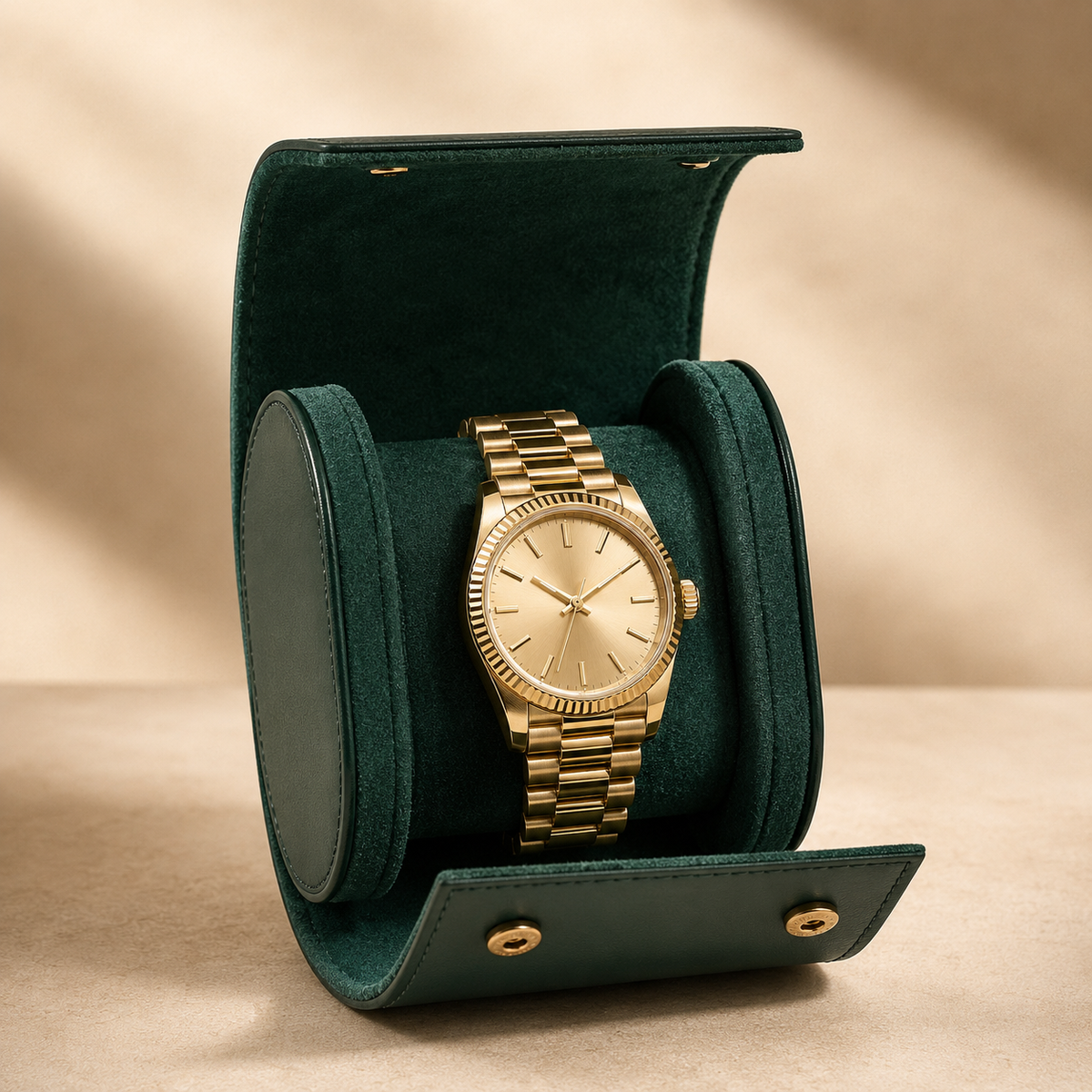 Étui de voyage à montre en cuir vert foncé, ouvert avec 1 montre dorée, sur fond clair