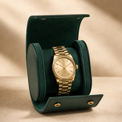 Étui de voyage à montre en cuir vert foncé, ouvert avec 1 montre dorée, sur fond clair