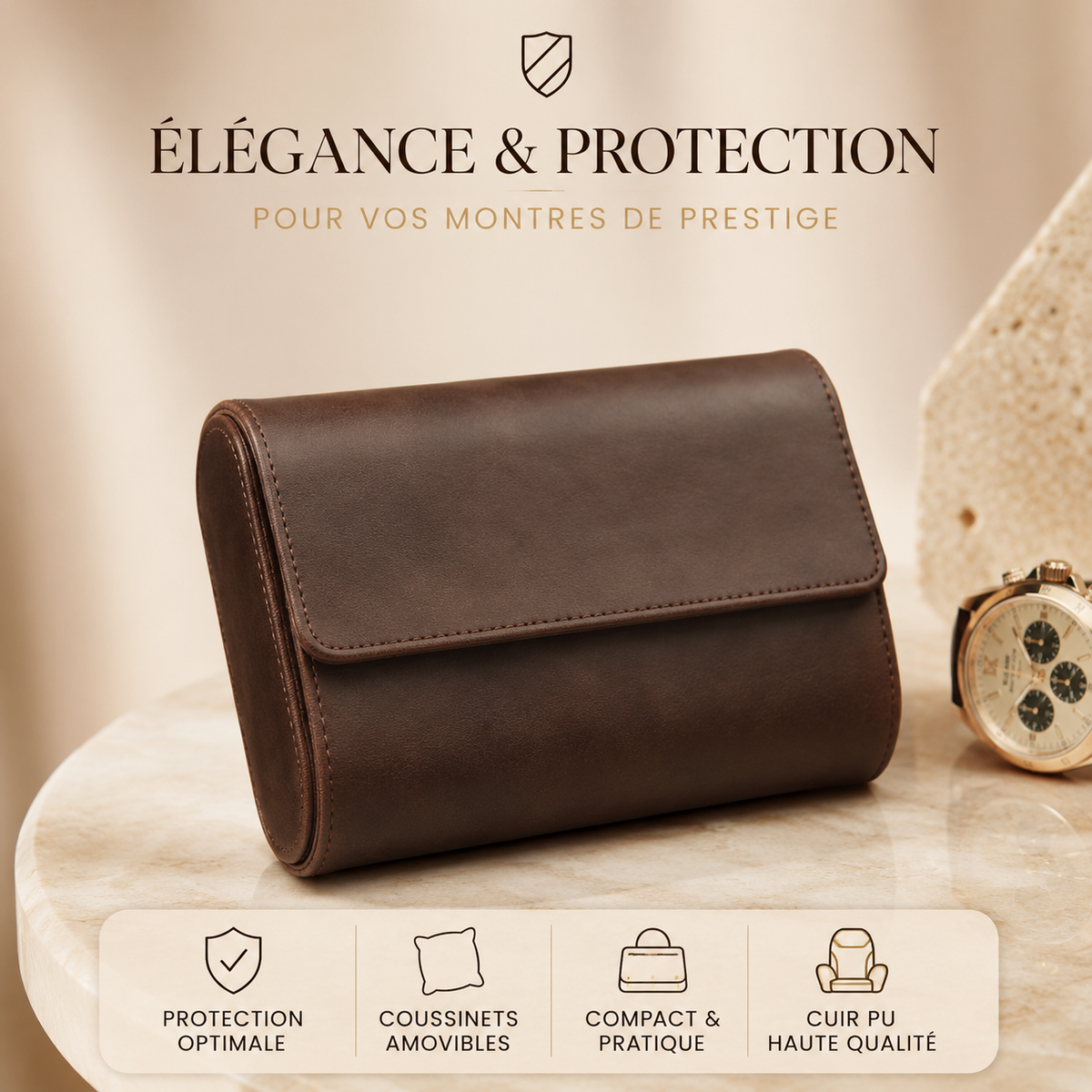 Étui à montres en cuir marron fermé