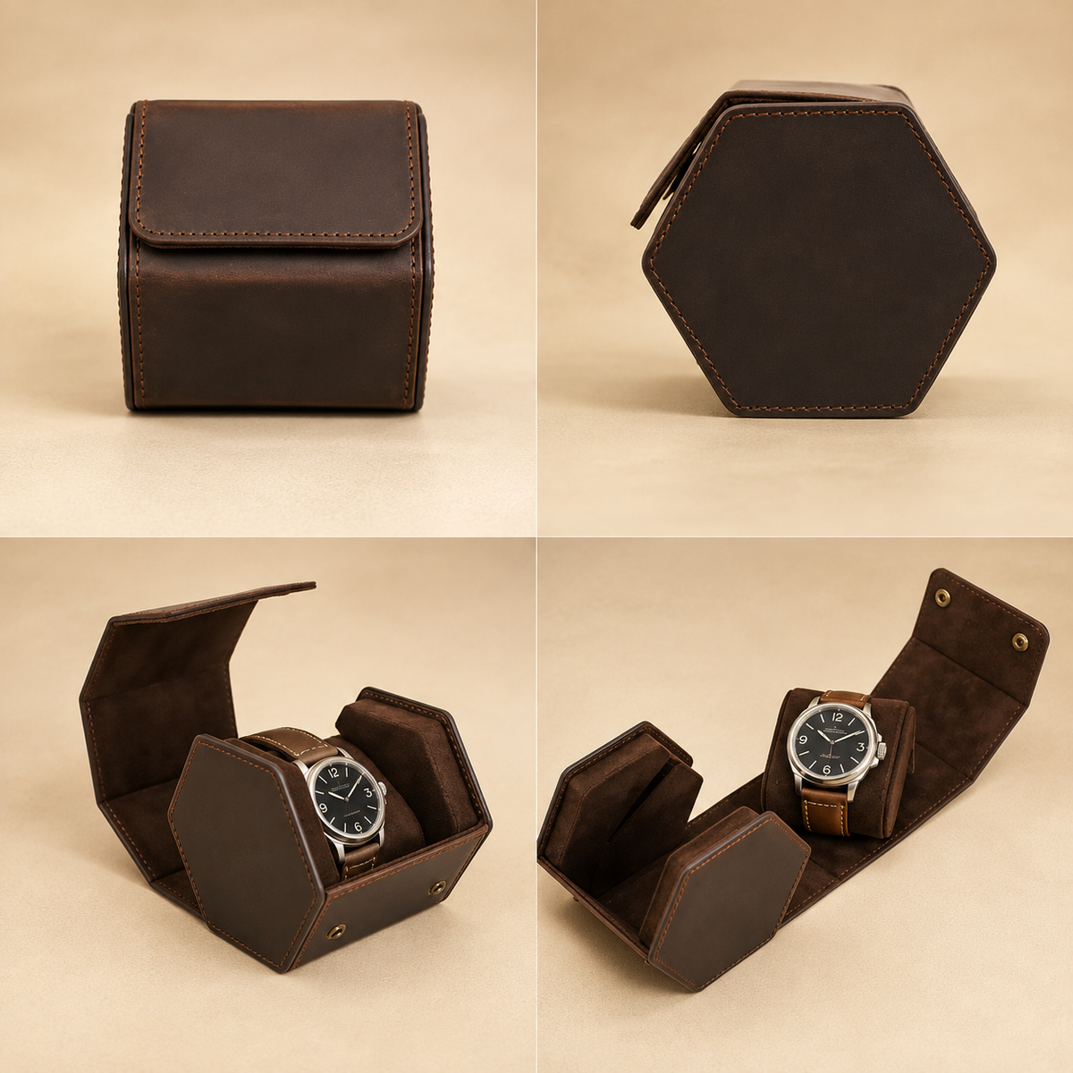 Étui à montre en cuir marron : fermé face, fermé profil hexagonal, ouvert avec montre