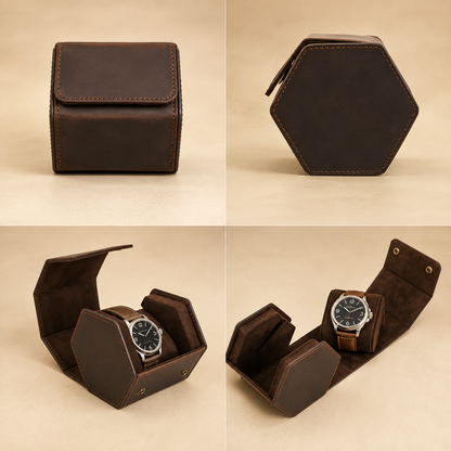 Étui à montre en cuir marron : fermé face, fermé profil hexagonal, ouvert avec montre