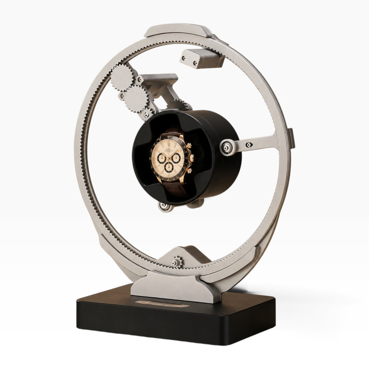 Remontoir automatique gyroscopique argenté design planète, socle noir, 1 montre