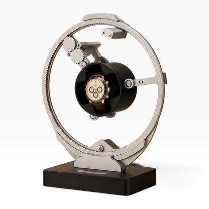 Remontoir automatique gyroscopique argenté design planète, socle noir, 1 montre