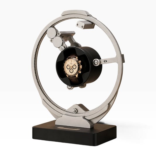 Remontoir automatique gyroscopique argenté design planète, socle noir, 1 montre