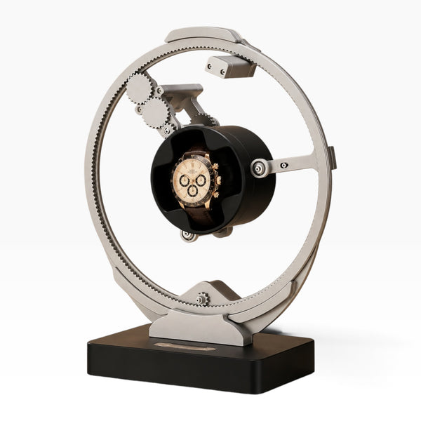 Remontoir automatique gyroscopique argenté design planète, socle noir, 1 montre
