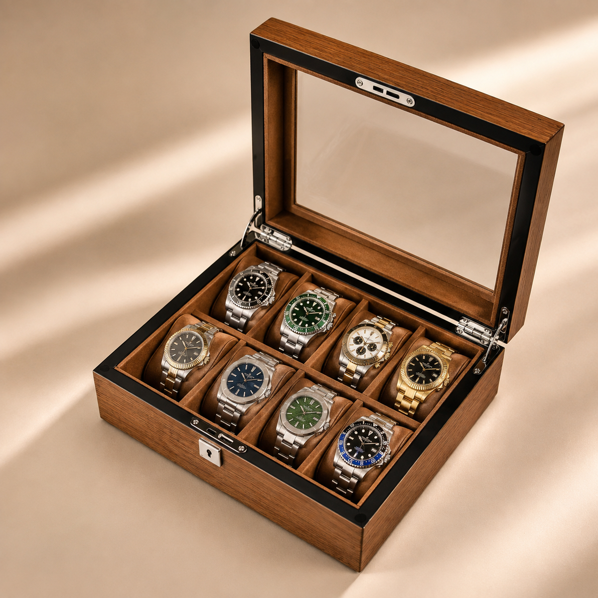 Boîte à montres en bois marron ouverte avec 8 montres – vue 2