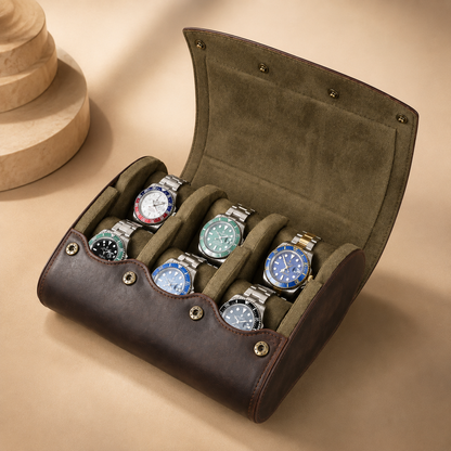 Étui à montres en cuir marron ouvert, fermeture à boutons-pression, 6 montres
