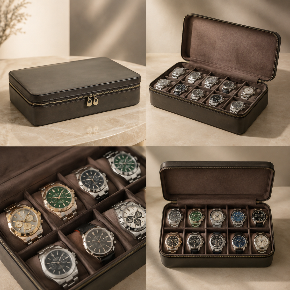 Étui à montres en cuir nubuck marron, collage : fermé, ouvert avec 12 montres, détails des compartiments