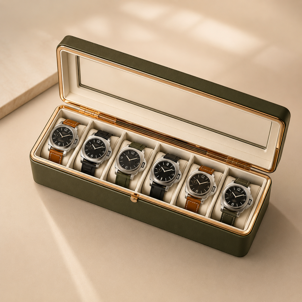 Boîte à montres en simili cuir kaki avec bordures dorées, ouverte avec 6 montres