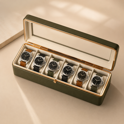 Boîte à montres en simili cuir kaki avec bordures dorées, ouverte avec 6 montres