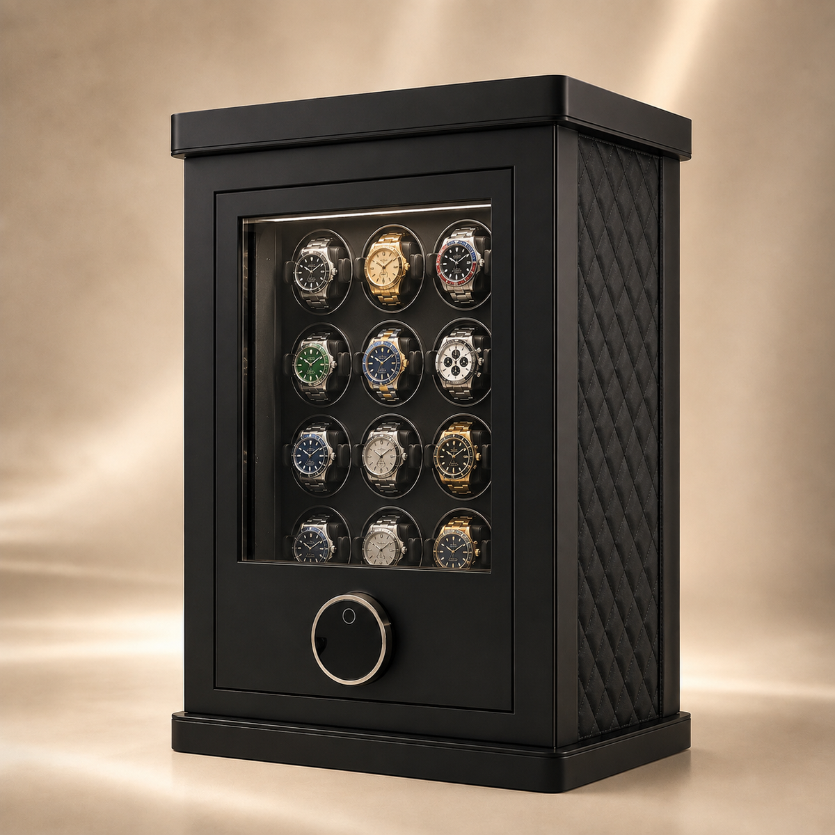 Coffre-fort remontoir automatique noir avec 12 montres, porte vitrée fermée – vue 2