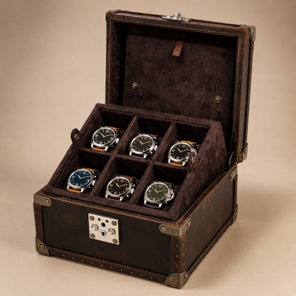Malle à montres en cuir marron ouverte avec 6 montres, vue de face