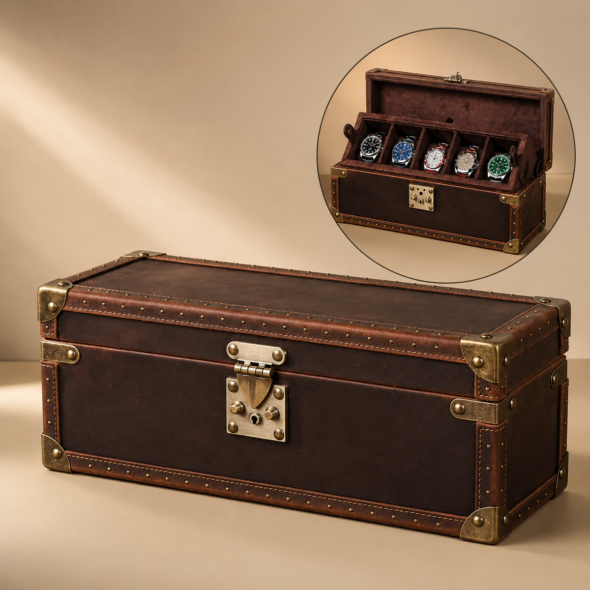 Malle à montres en cuir marron fermée, avec médaillon montrant l'intérieur et 5 montres