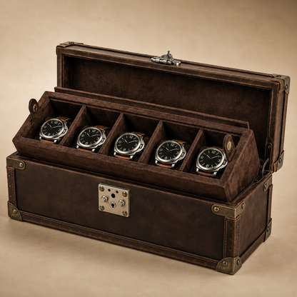 Malle à montres en cuir marron ouverte avec 5 montres, vue en angle