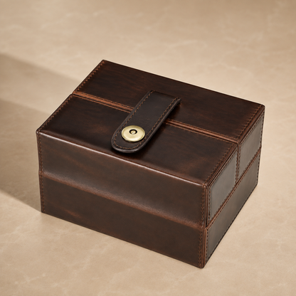 Boîte à montre de voyage en cuir véritable marron fermée, sangle et bouton-pression