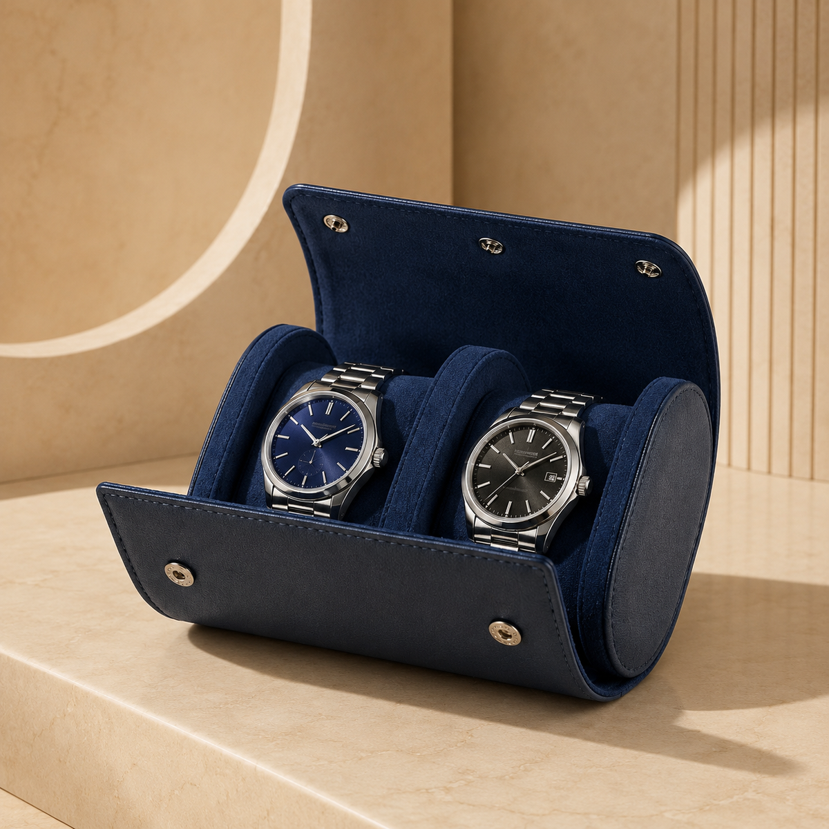 Étui à montre en cuir bleu marine ouvert avec 2 montres – vue 2