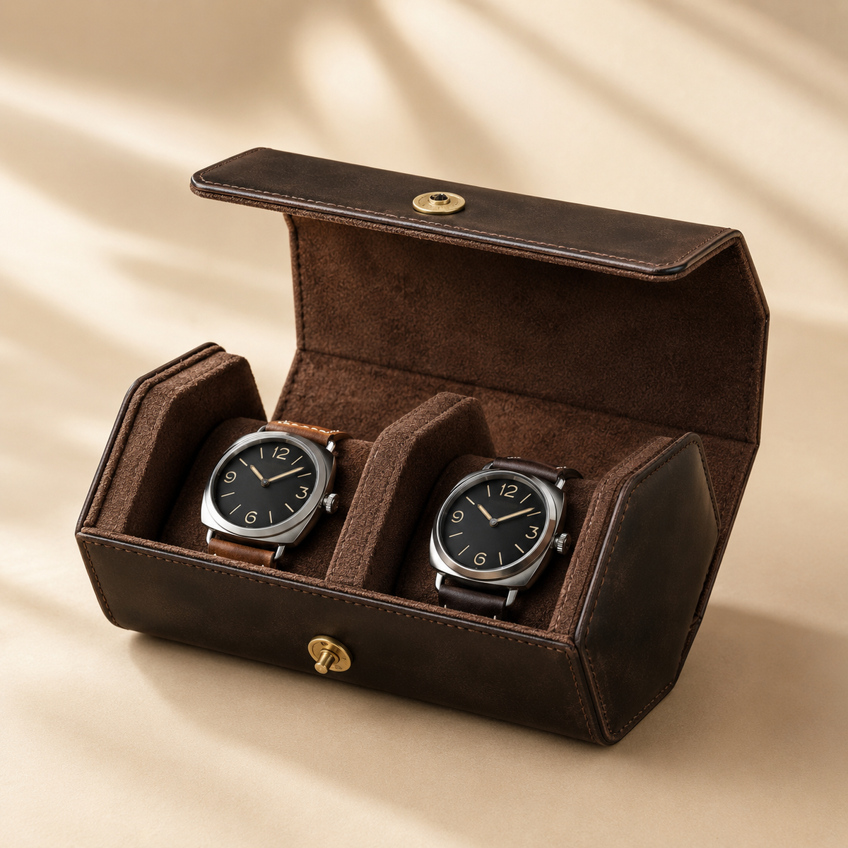 Étui à montres en cuir marron ouvert avec 2 montres, vue de face