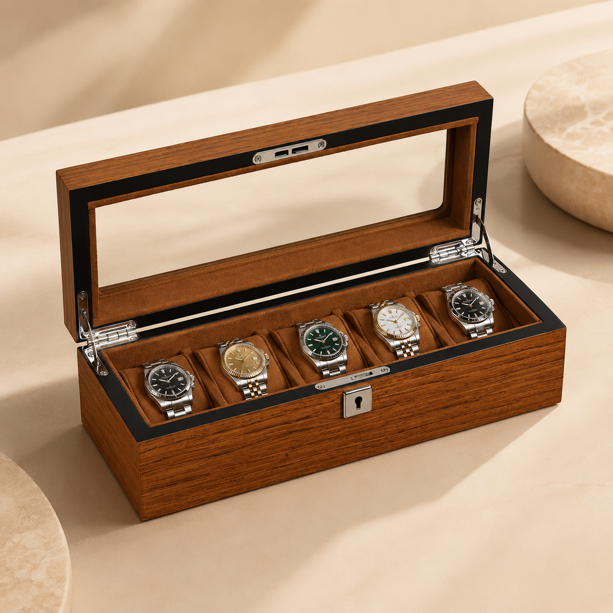 Boîte à montres en bois noyer ouverte avec 5 montres – vue 3