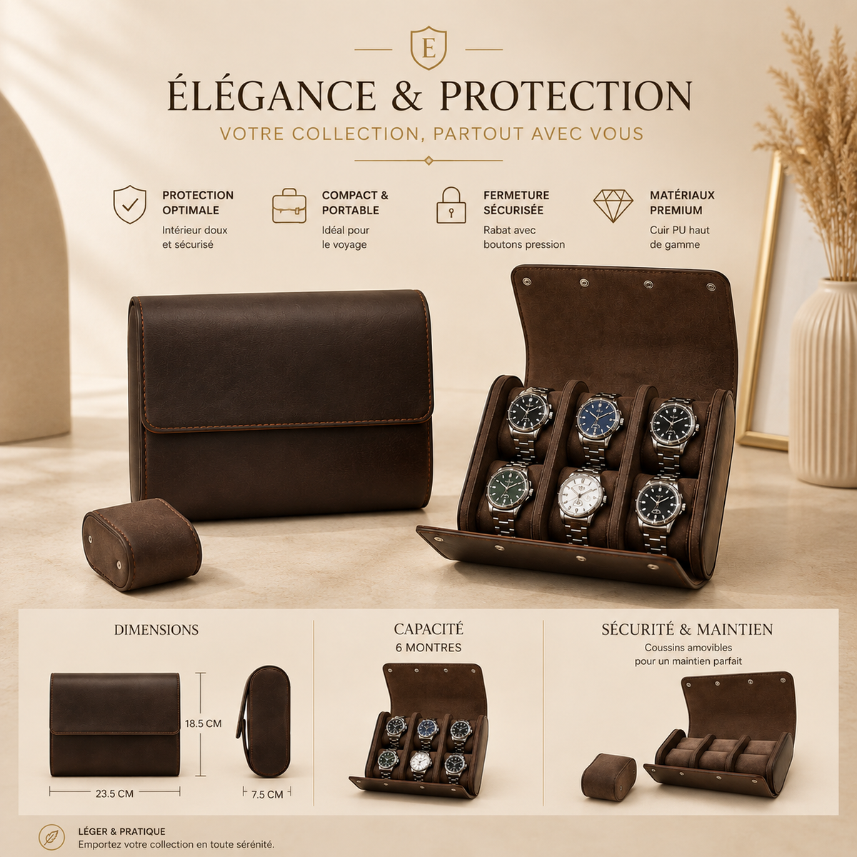 Étui à montres en cuir marron, visuel avec dimensions et caractéristiques