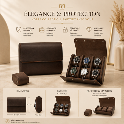 Étui à montres en cuir marron, visuel avec dimensions et caractéristiques