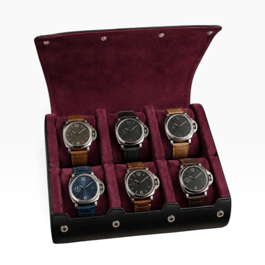 Étui à montres de voyage en cuir végan noir, intérieur bordeaux, ouvert avec 6 montres
