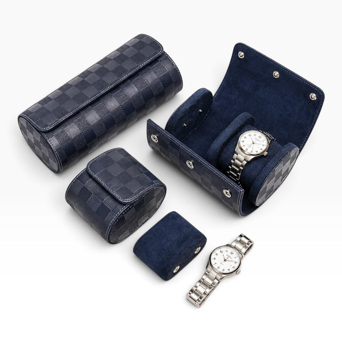 Lot de 3 Étuis à Montre en Cuir PU Matelassé Bleu Marine – 1, 2 et 3 Montres