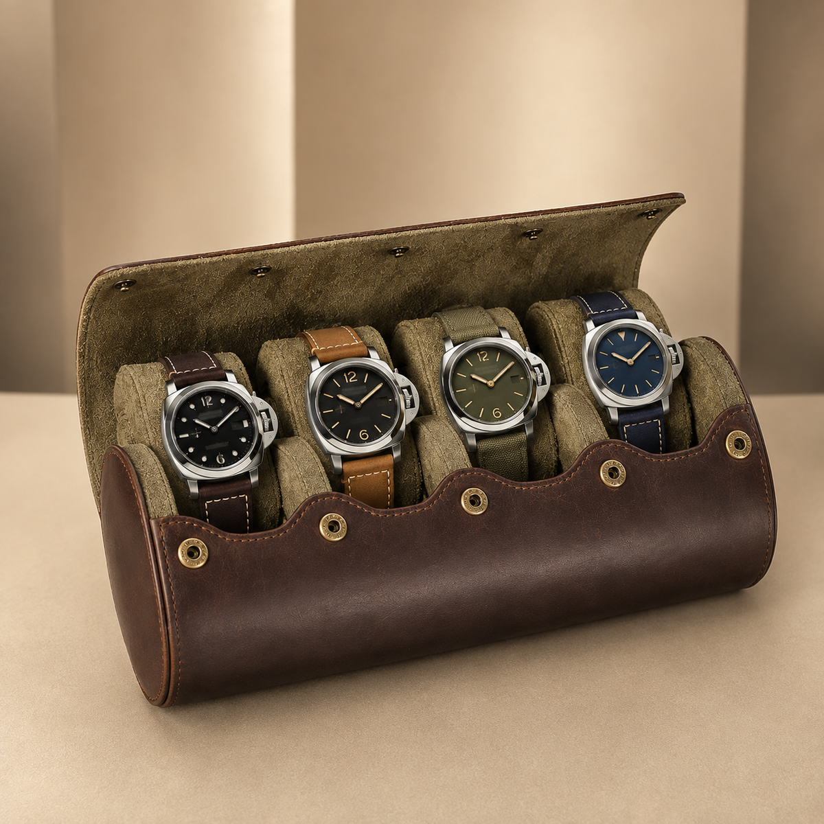 Étui de voyage à montres en cuir nubuck huilé marron, ouvert avec 4 montres différentes