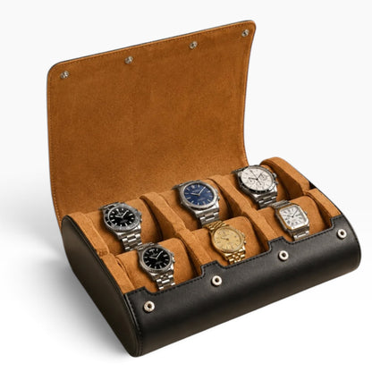 Étui à montres de voyage en cuir végan noir et ocre, ouvert avec 6 montres
