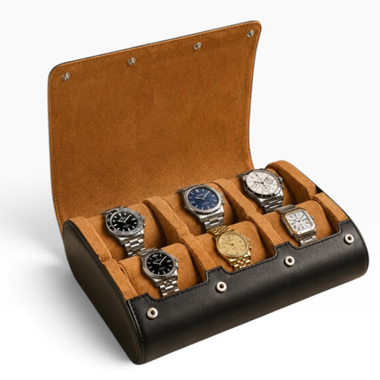 Étui à montres de voyage en cuir végan noir et ocre, ouvert avec 6 montres