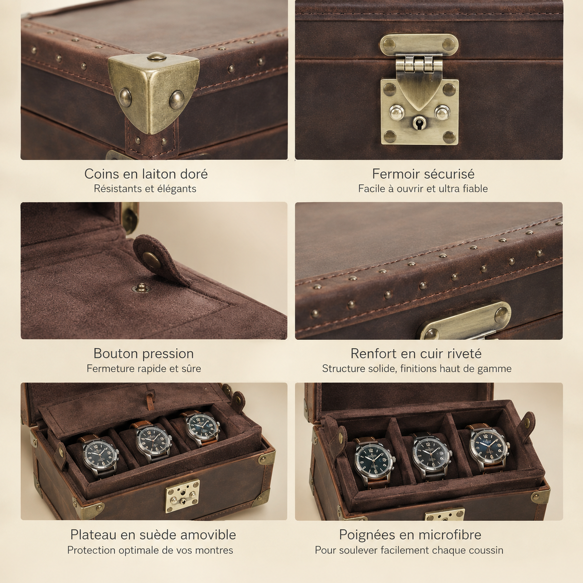 Infographie de la malle en cuir marron : coins en laiton, fermoir sécurisé, bouton pression, renfort en cuir riveté, plateau amovible, poignées en microfibre