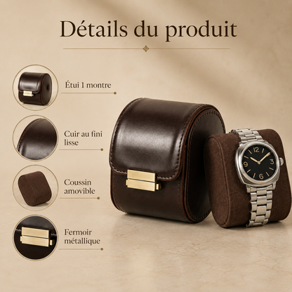 Détails du produit : étui 1 montre en cuir marron, fermoir métallique et coussin amovible