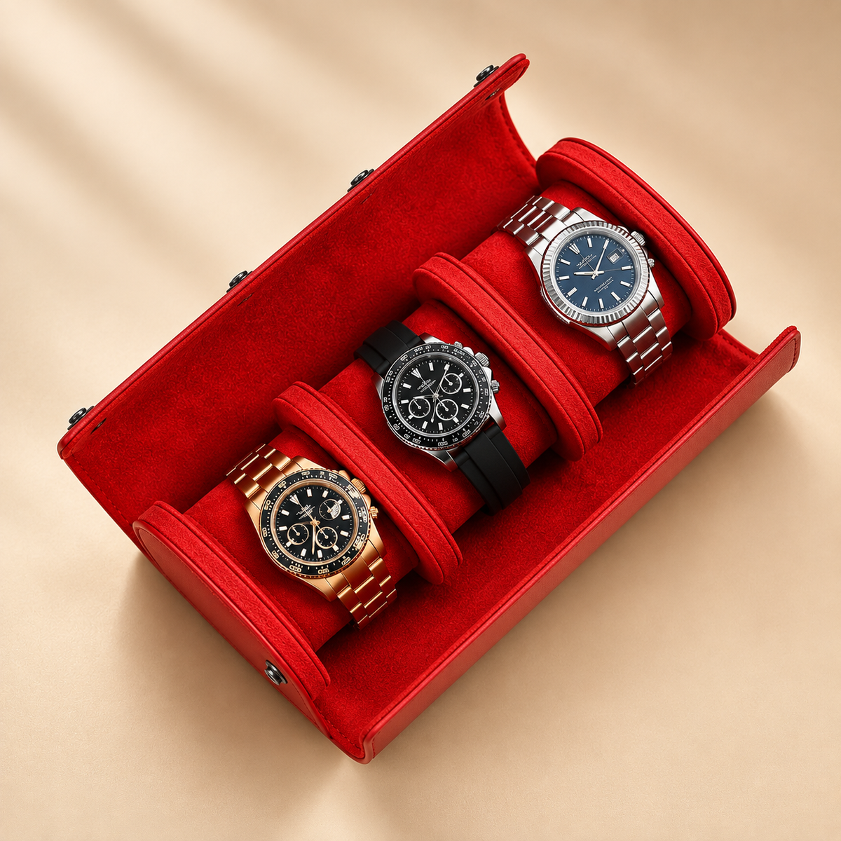 Étui à montre en cuir rouge ouvert avec 3 montres – vue 2