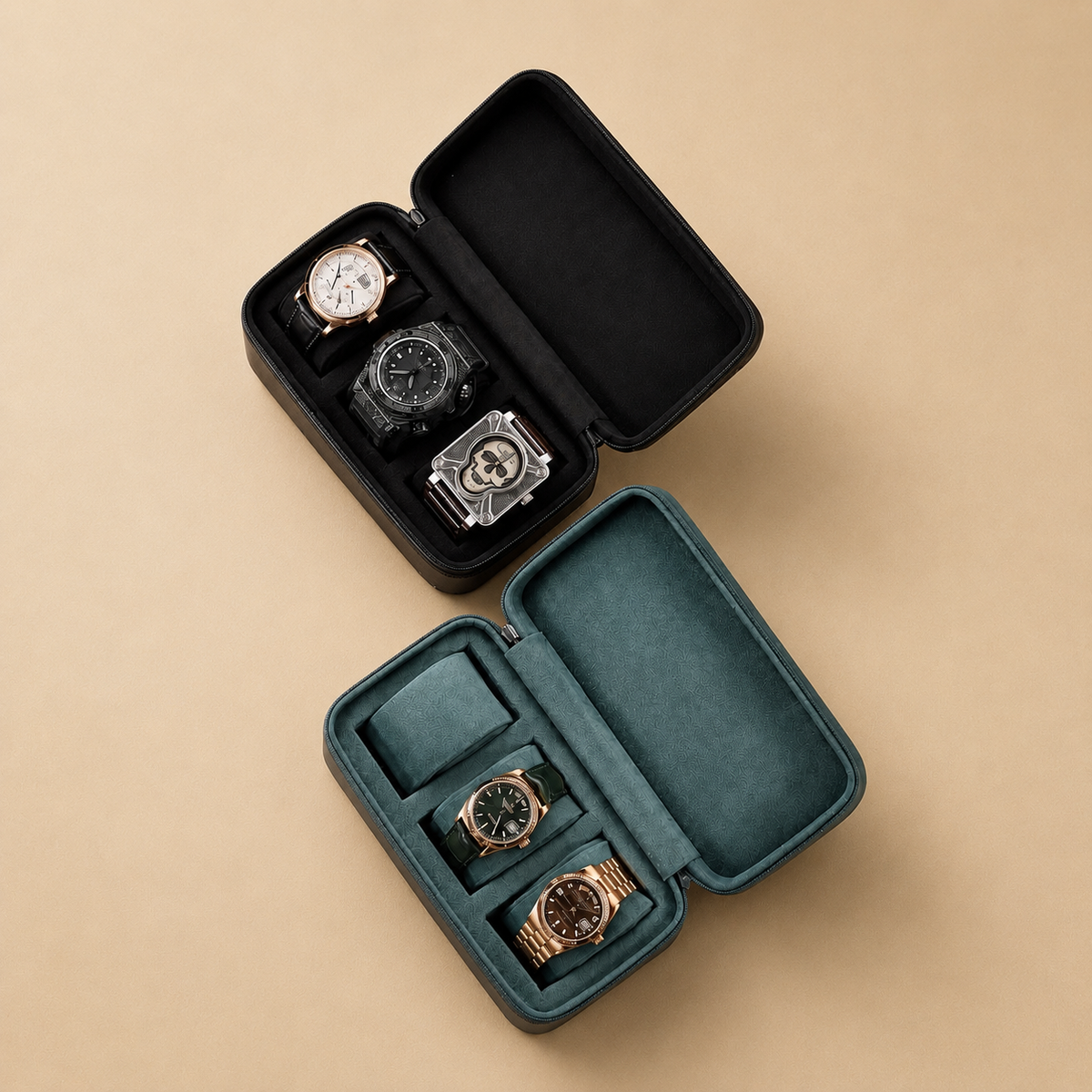 Étuis à montres en cuir noir et vert avec montres, comparaison des coloris
