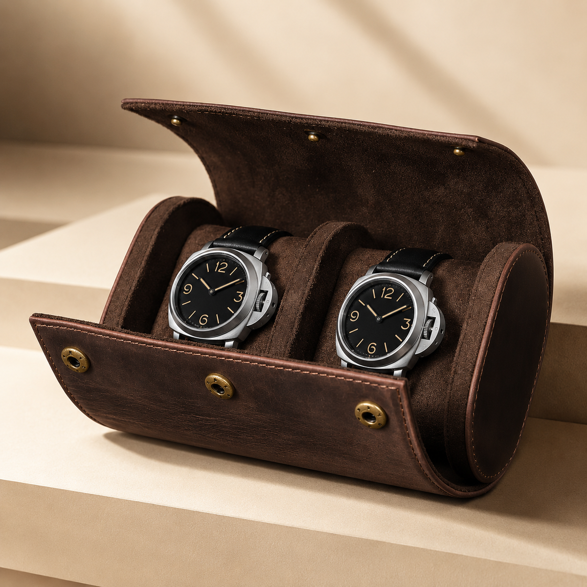 Étui à montres en cuir marron ouvert avec 2 montres, vue de face