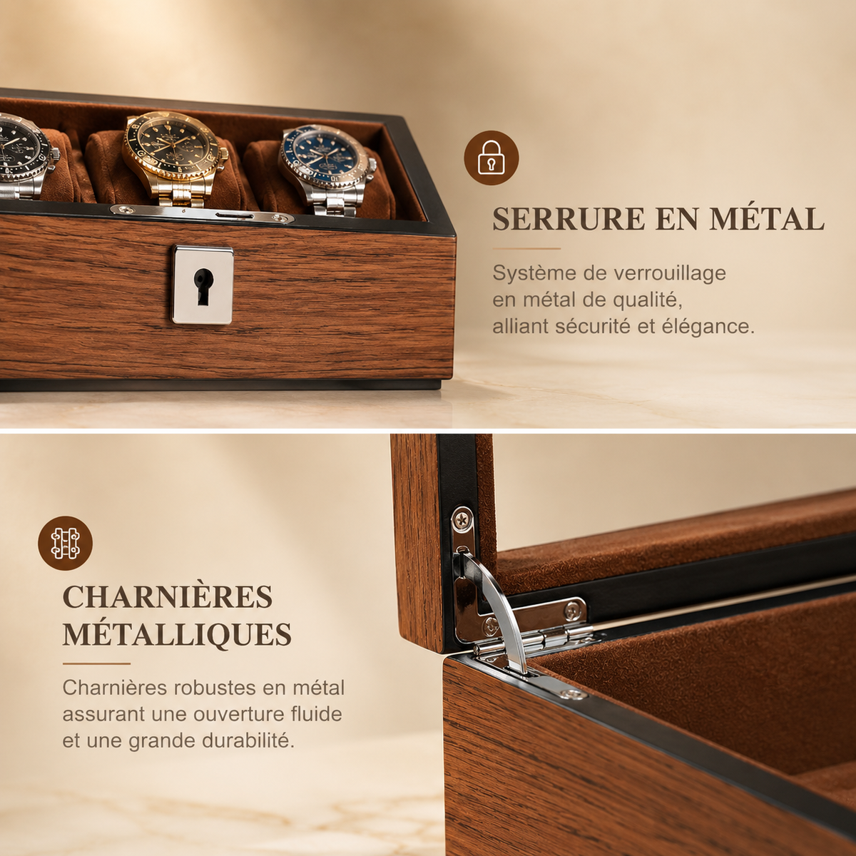 Boîte à montres en bois marron, détails de la serrure et des charnières métalliques